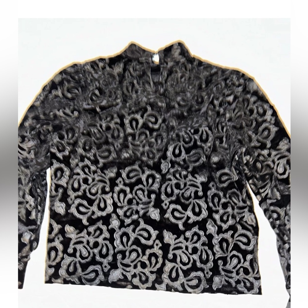 Calligraphie Sweater Womens L Black Velvet Feaux Leather Appliqué Puff Sleeve